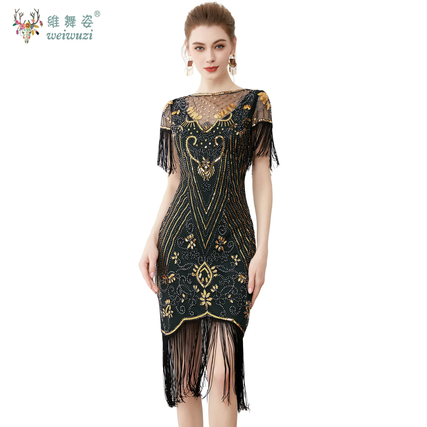 빈티지 볼 플러스 사이즈 슬림 피트 스팽글 스터드 메쉬 딥 브이넥 드레스 자수 태슬 반팔 드레스 칵테일 파티