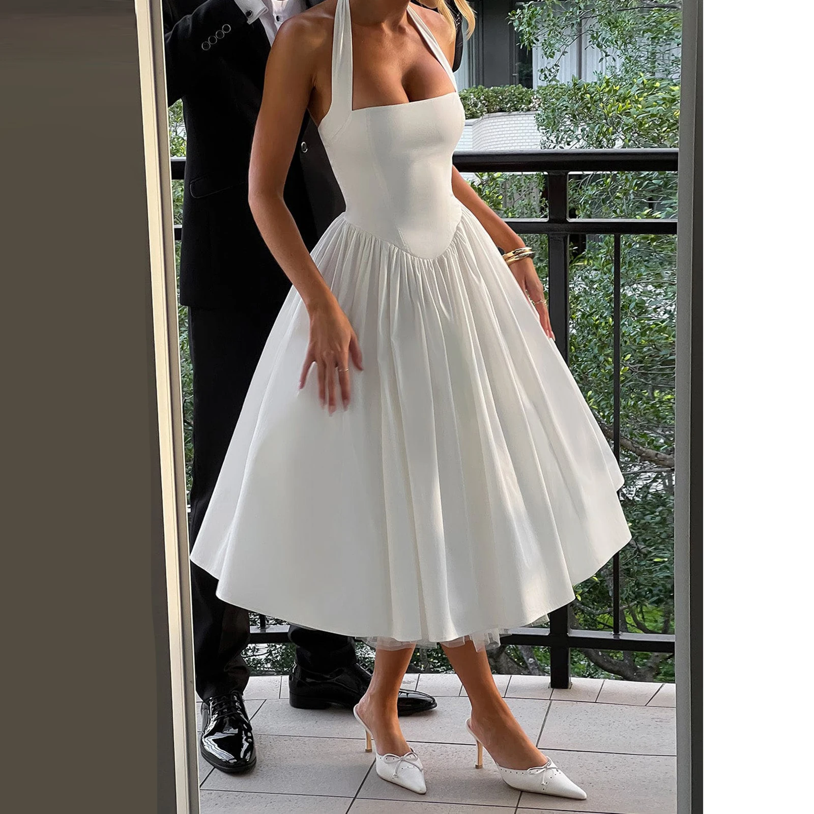 فستان توتو نسائي بلون سادة أنيق برباط ورقبة رسن بدون أكمام مفتوح الظهر متقاطع على شكل حرف a فستان ميدي بدون أكمام