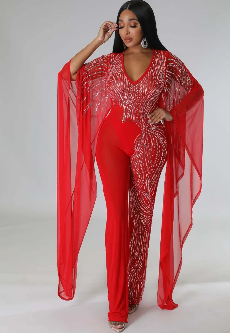 

KEXU Cape Long Sleeve See-Through Mesh Crystal Jumpsuits Women Rompers Luxury Rhinestone Party Jumpsuits Birthday Outfits