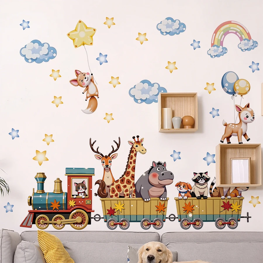30*90cm Cartoon Animal Train Wall Sticker Removable PVC Wall Decoration For Nursery Room Kids Bedroom Home Decor