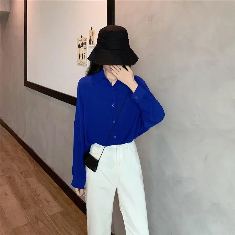 Minimalist Commute Spring Autumn New Blouses Women\'s Polo-Neck Solid Color Spliced Folds Loose Long Sleeve Single Breasted Shirt