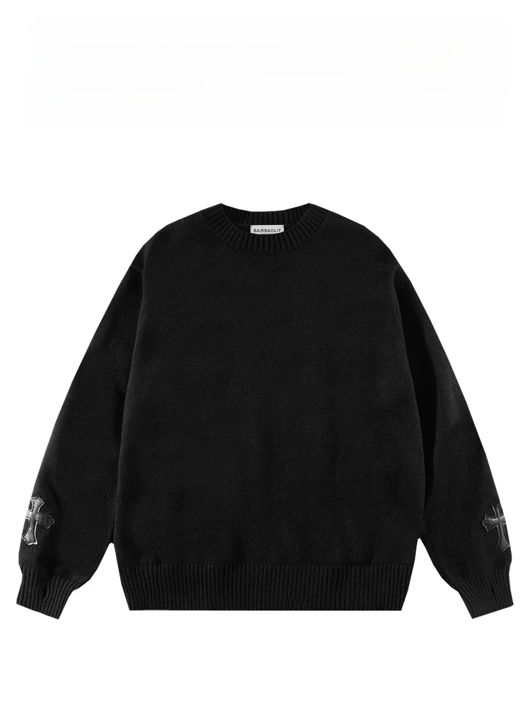 

BAIRBAOLIY High-End Faion Cross Leather Knitwear Casual Loose ex Warm Knitted Sweater Trendy round Ne Long Sve