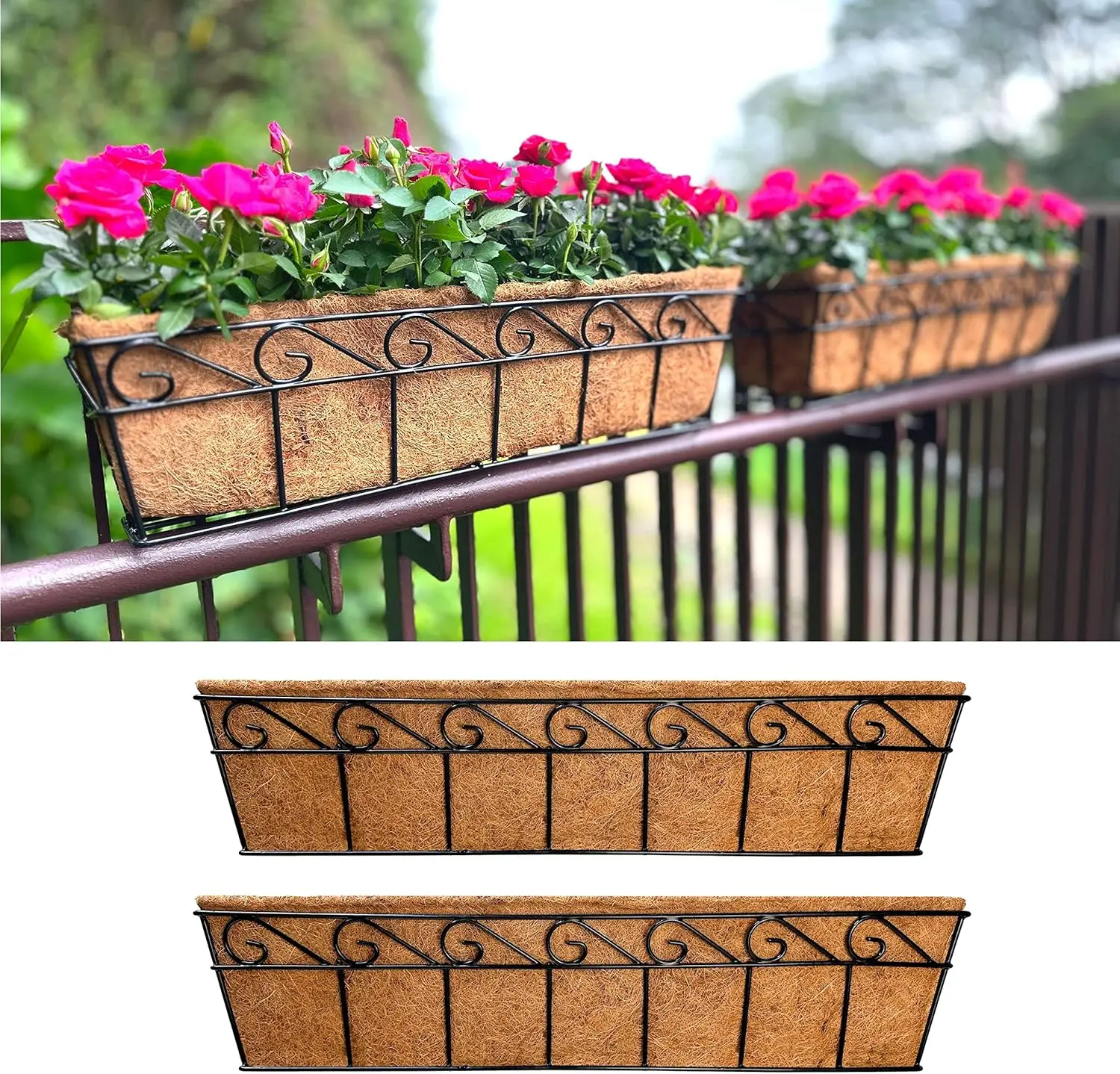 

30 Inch Wall Mounted Planters 2 Pack Window Flower Pot for Outdoor Balcony Rail with Coco Liners Metal Hanging Basket