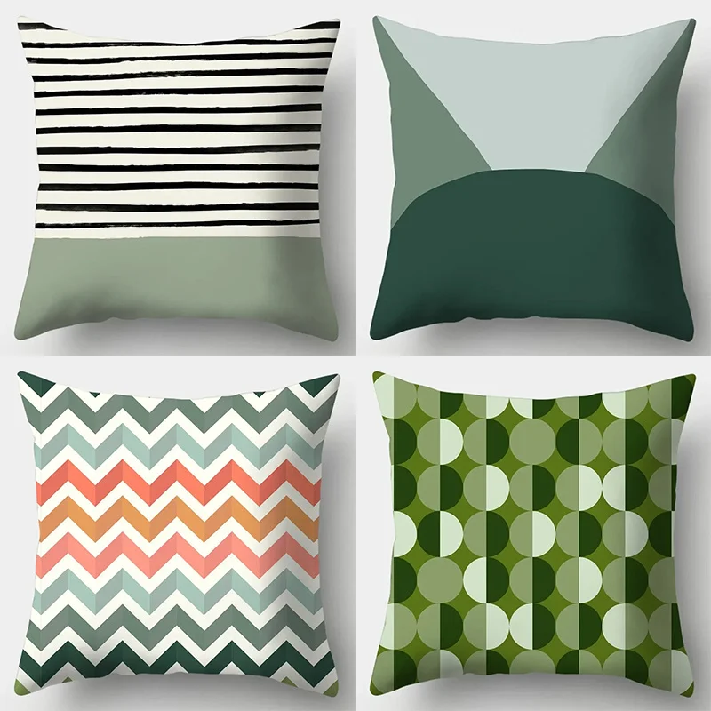 Scandinavian Green Pillow Covers, Stripe Chevron Geometric Art Throw Pillow Cases, Cozy Home Decor Cushion Covers Sofa Bed 4pcs