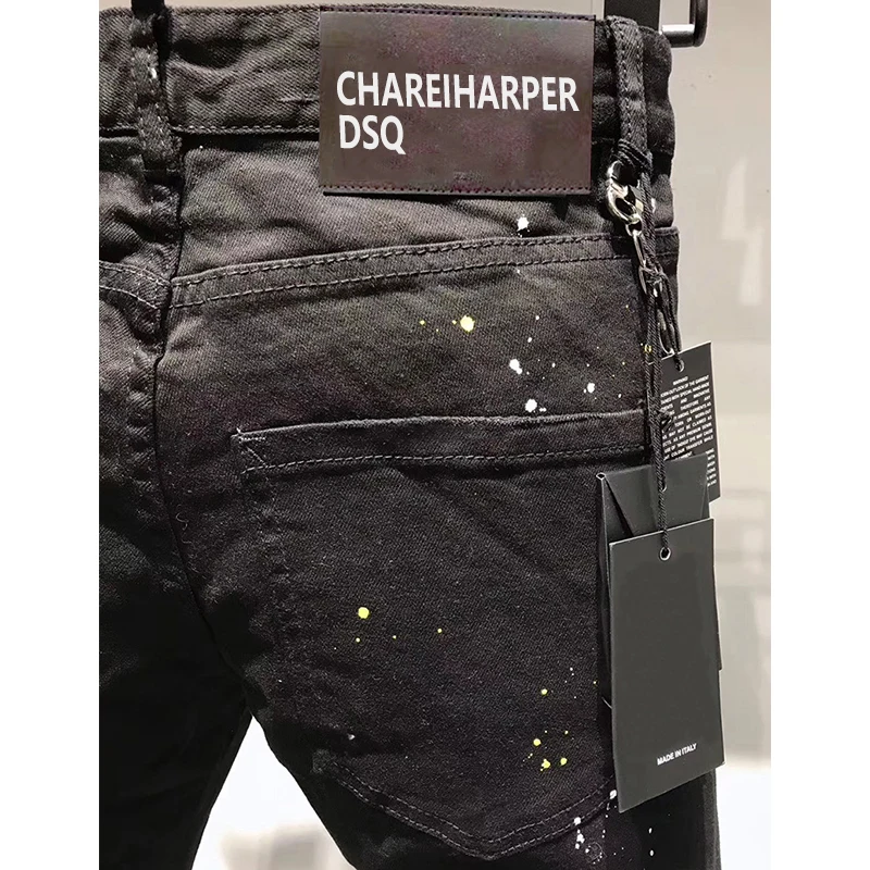 100Chareharper dsq9630 men\'s pants Pure black printed cotton elastic quadratic slim-fit fashion paint street personality pants