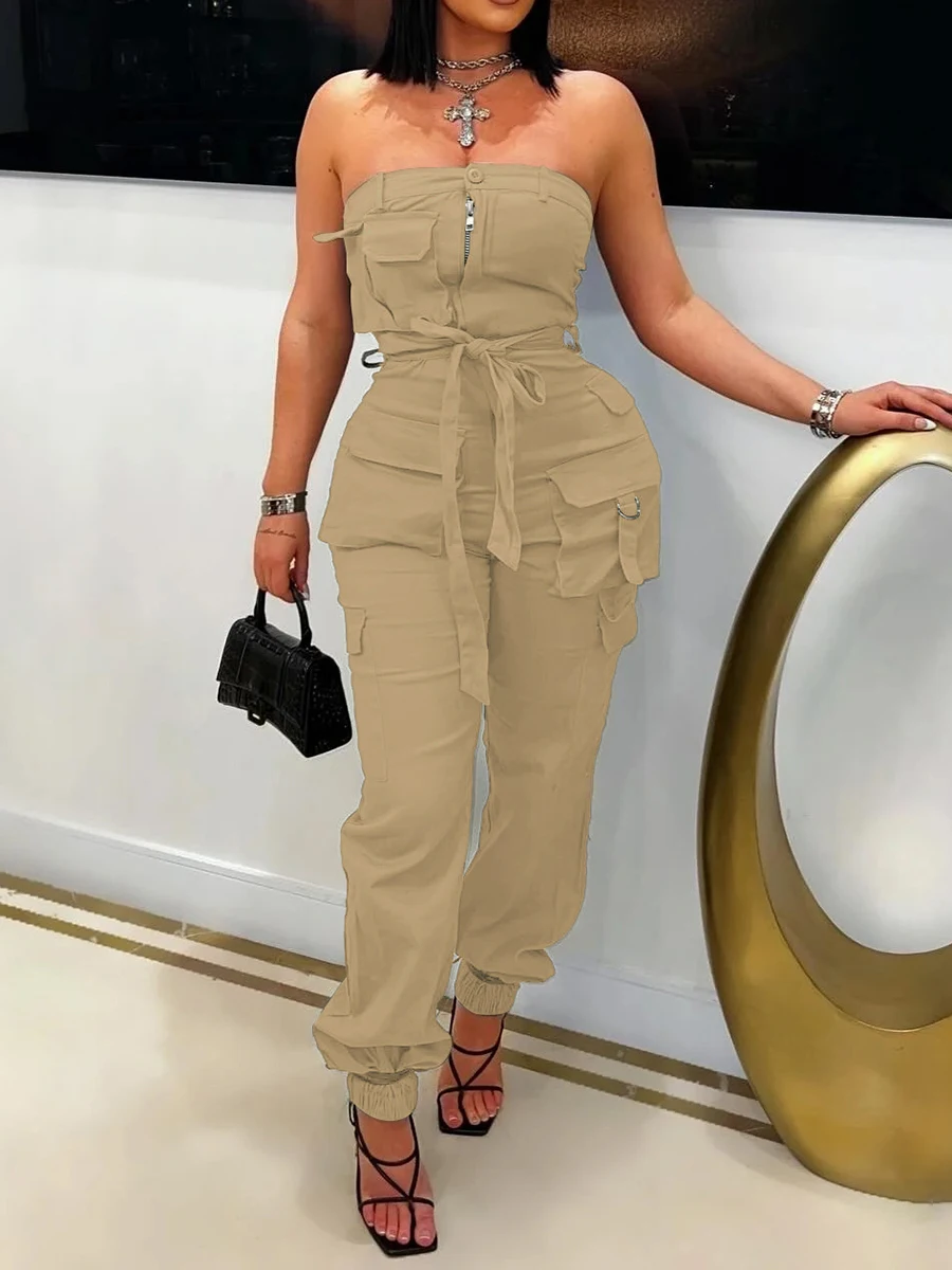 ZIML Solider, rückenfreier, schlankmachender Overall für Damen, trägerlos, ärmellos, hohe Taille, mehrere Taschen, Arbeitskleidung, Overalls, weiblich, Herbst