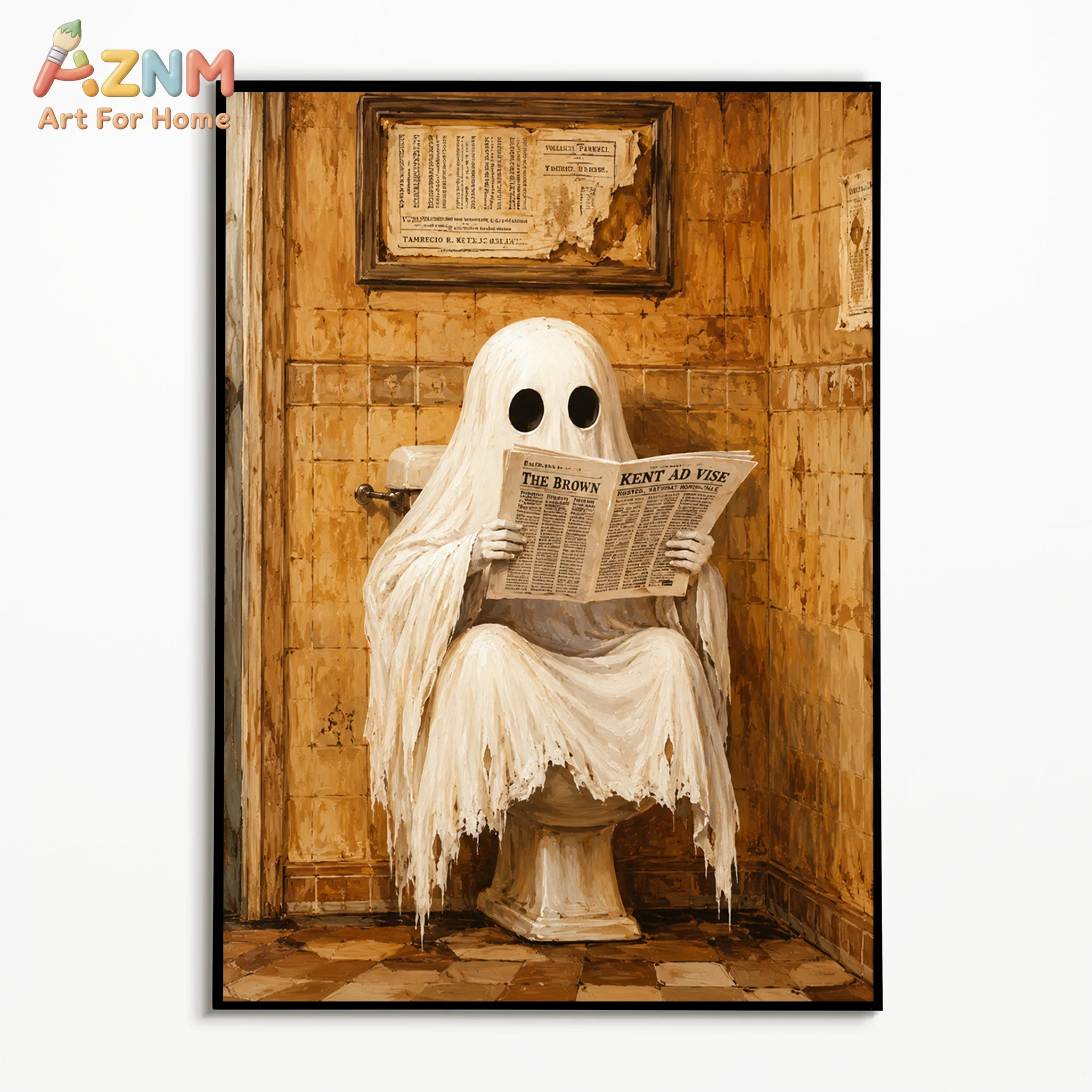 AZNM Funny Ghost Reading Newspaper On Toilet Canvas Wall Art Vintage Retro Bathroom Halloween Humor Decor Unframed Canvas Painti