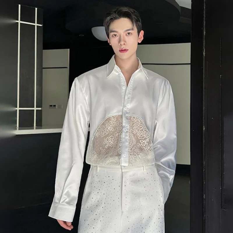 WVGA весна осень новый мужской кружевной лоскутный модный дизайн рубашка с длинным рукавом нишевый шикарный повседневный топ с отложным воротником Ins W14358