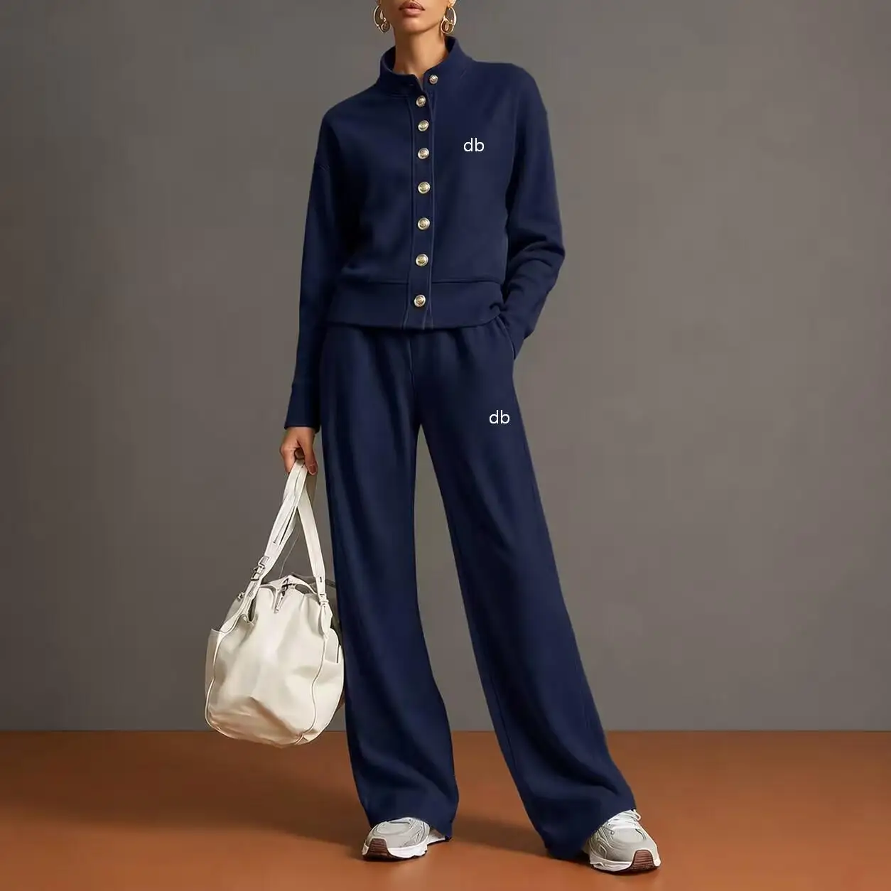 206 New Fashion Classic Women's Solid Color Stand up Collar Cardigan Sweatshirt Wide Leg Pants Set Fitness Sports Set