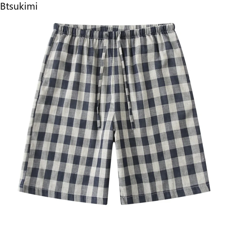 2026 الصيف الرجال 100% القطن كريب القماش السراويل تنفس بسيط المنزل سراويل تقليدية الكلاسيكية منقوشة بيجامة السراويل الرجال بناطيل الشواطئ