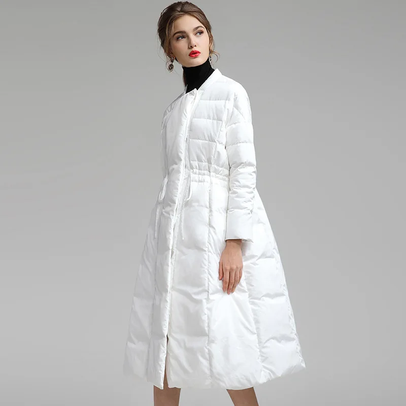 Warm Duck Down Coat, White Duck Down Jackets, Round Neck, Drawstring, Thick Windproof Puffer Jacket, Large Size, Winter