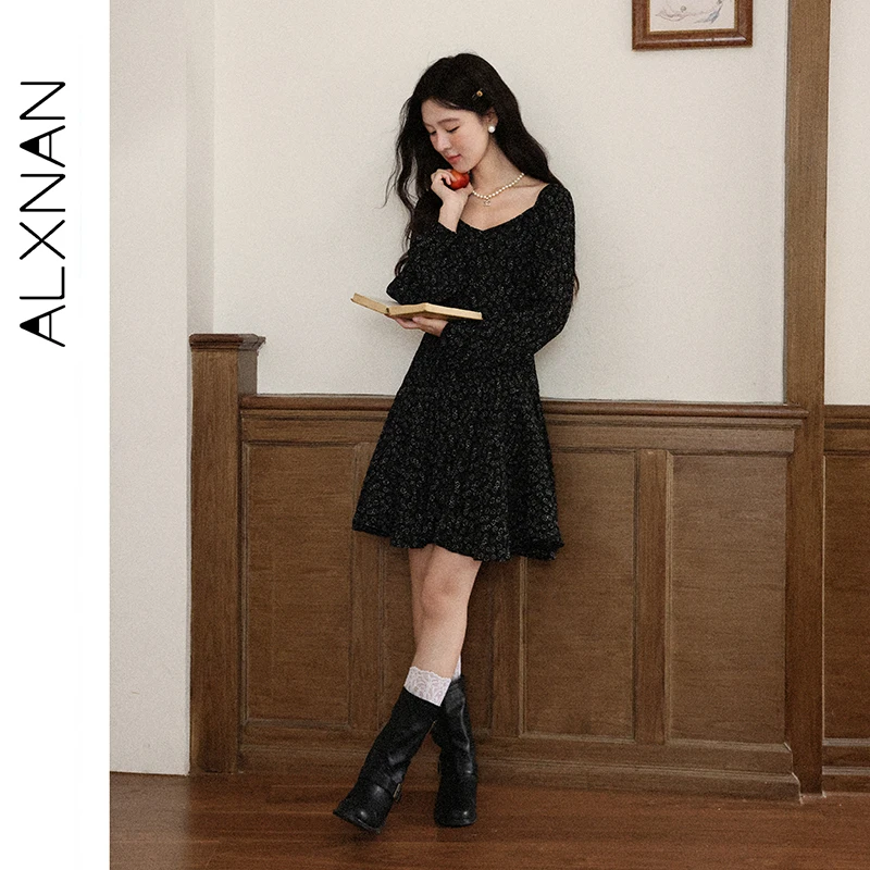 ALXNAN Black Floral Dress Women's Autumn Long Sleeve French Dress 2025 Autumn Holiday Beach Party Casual Female Clothing L57136