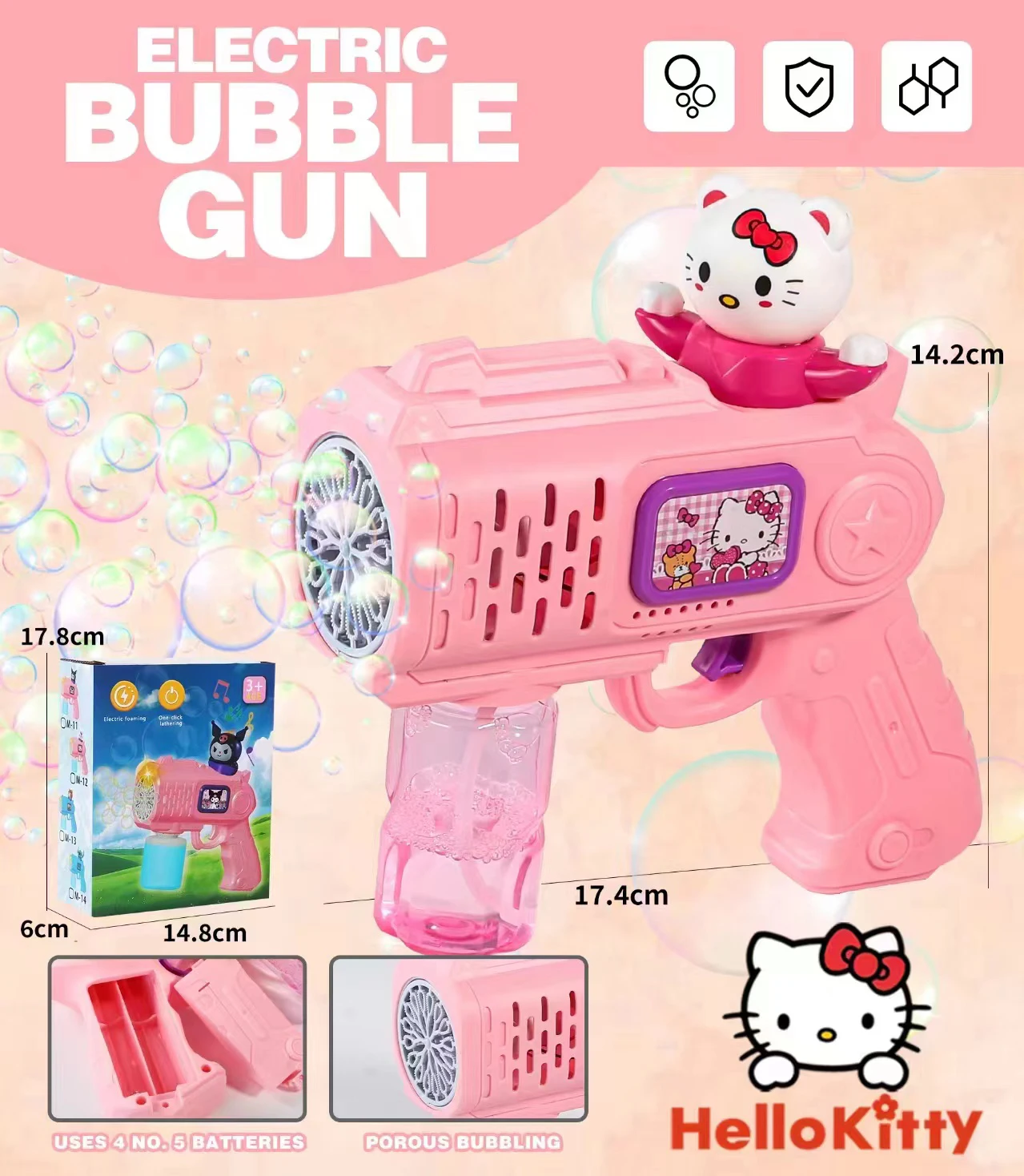 Hello Kitty Pistolet do baniek Zabawka Elektryczna maszyna do baniek mydlanych Wyrzutnia porowata w kształcie baniek bez wody bąbelkowej i baterii