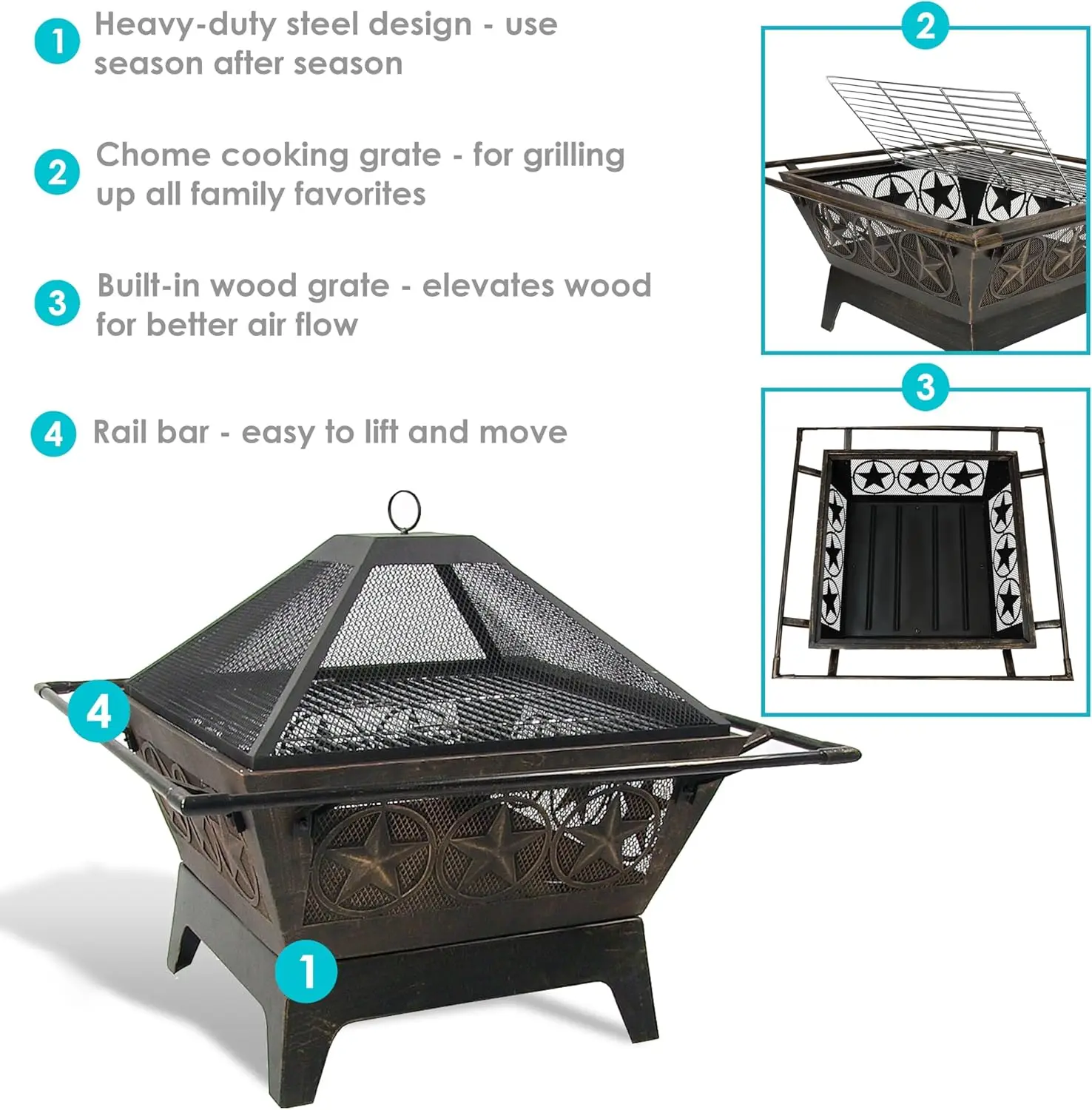 Northern Galaxy 32-Inch Heavy-Duty Square Fire Pit with Cooking Grill Grate, Spark Screen, and Fireplace Poker