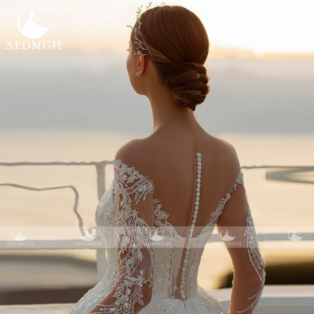 فساتين زفاف فاخرة ملكية من Aedmgh 2023 على شكل قلب وأكمام طويلة من Vestido De Novia مطرزة لامعة أنيقة رداء De Mariee