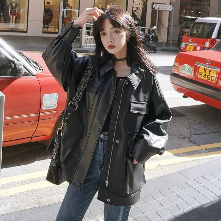 2025 Spring and Autumn New Women's Leather Jacket Loose Commuter PU Oversize Leather Jacket