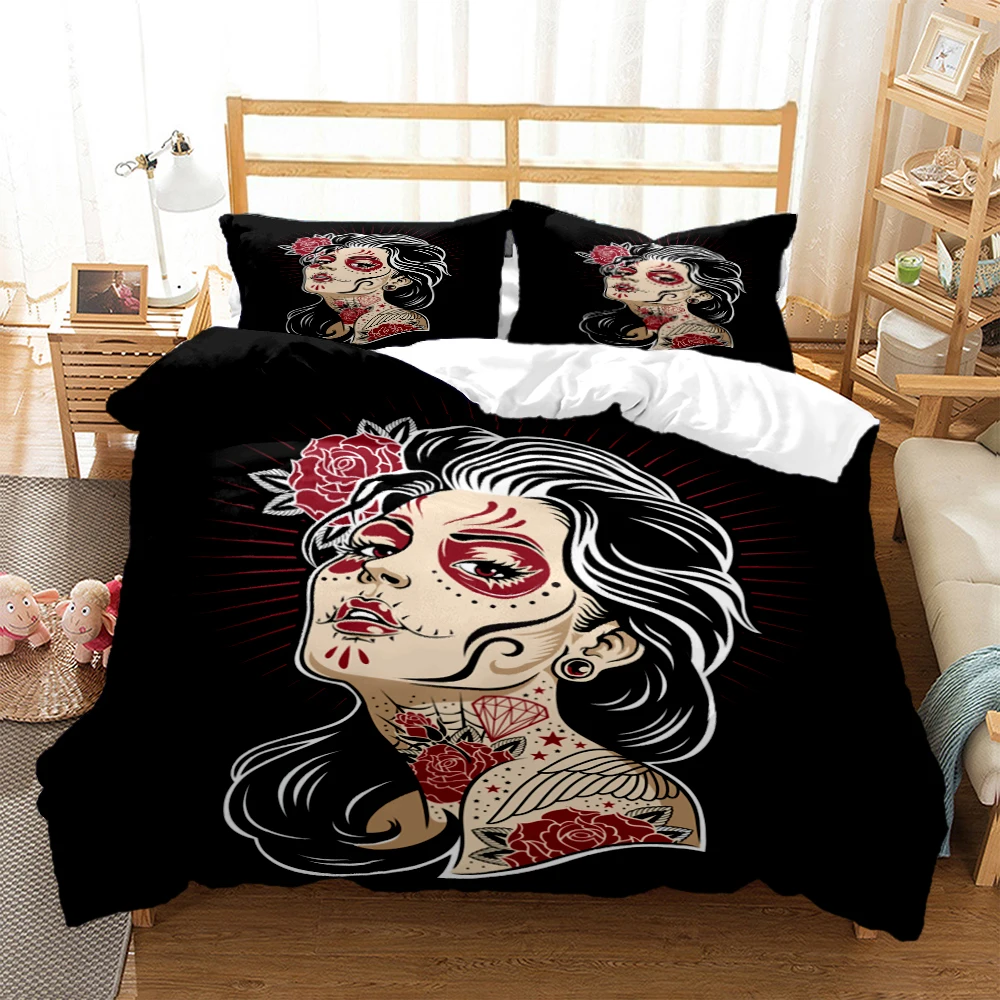 Terror Zombie Skull Print Polyester Bedding Set，Adults For Beds Quilt Cover Pillowcase Bedding Set，Teens King Size Bedding Set