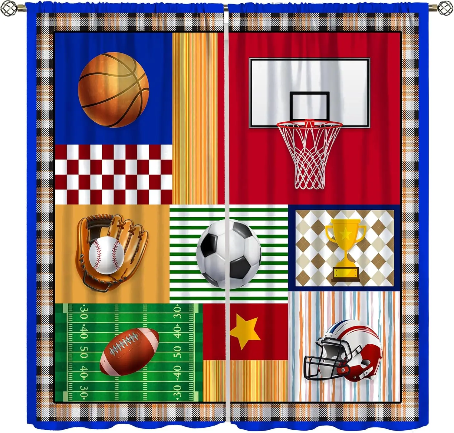 Sports Boys Curtains, Cartoon Retro Arena Game Basketball Football Baseball Trophy Window Drapes for Kids Nursery Bedroom