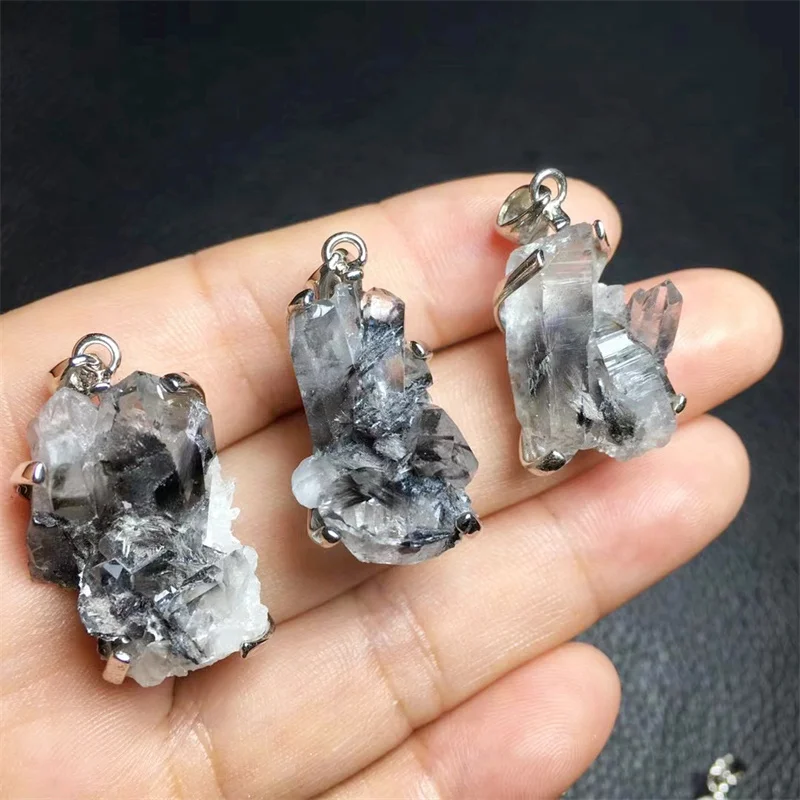 Natural Black Silver Rutilated Quartz Mineral Specimen Pendant Fashion Fengshui Crystal Jewelry Holiday Gift 1PCS