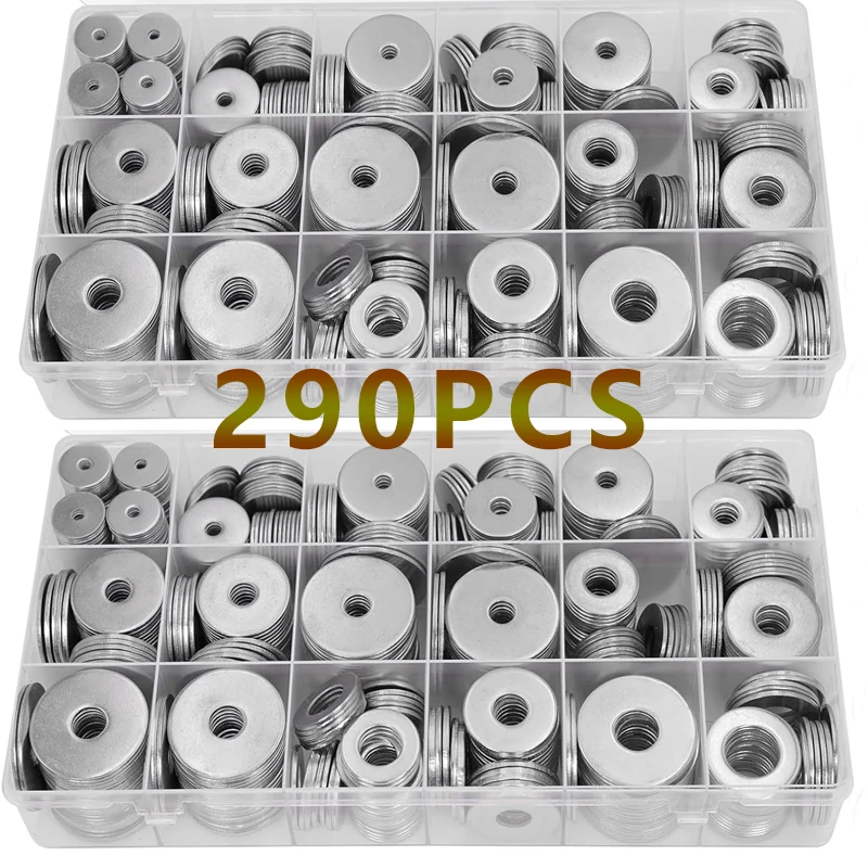 

290pcs Stainless Steel Flat Washer Plain Gaskets M3-M12 Metal Washers Fasteners Rings Hardware Assortment Kits For Screws Bolts