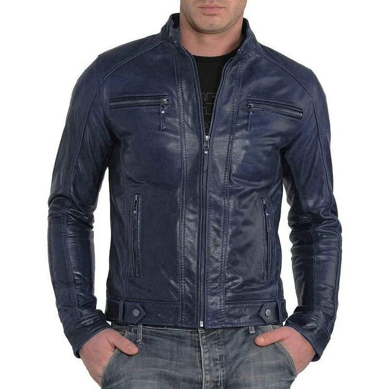 

Classic Men's Genuine Lambskin Pure Leather Jacket Biker Blue Zip Slim Fit Coat