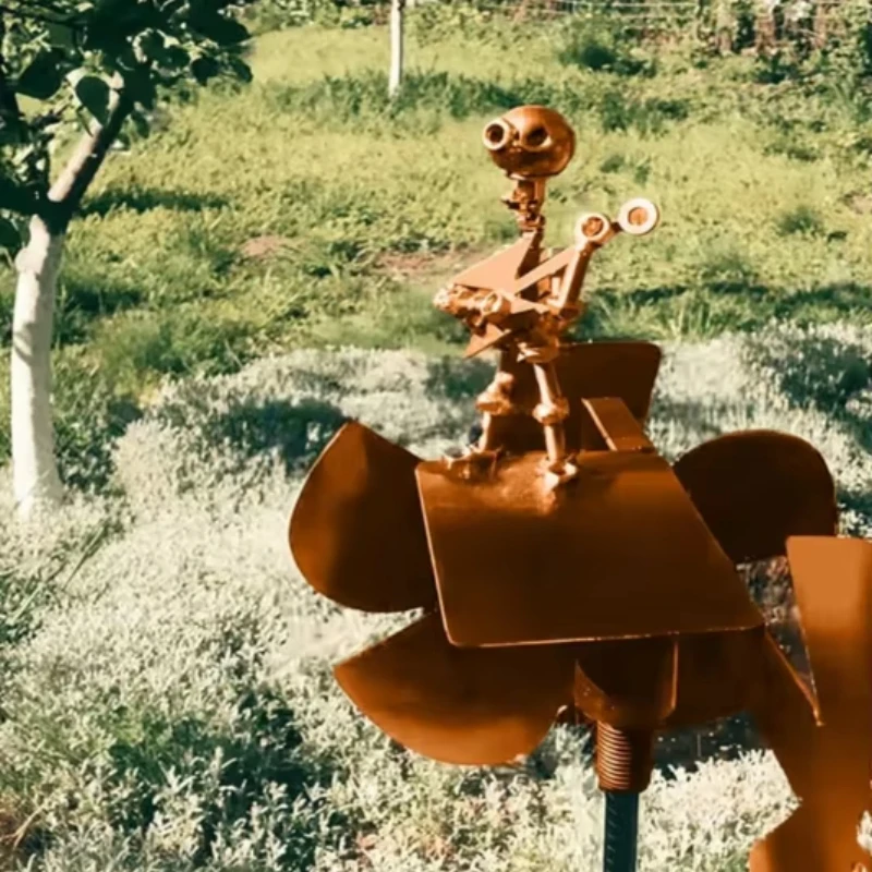 Molino de viento de baterista de Metal hecho a mano, escultura única de chuchillo, molino de viento decorativo para jardín, estilo Rock Industrial, regalo del Día del Padre