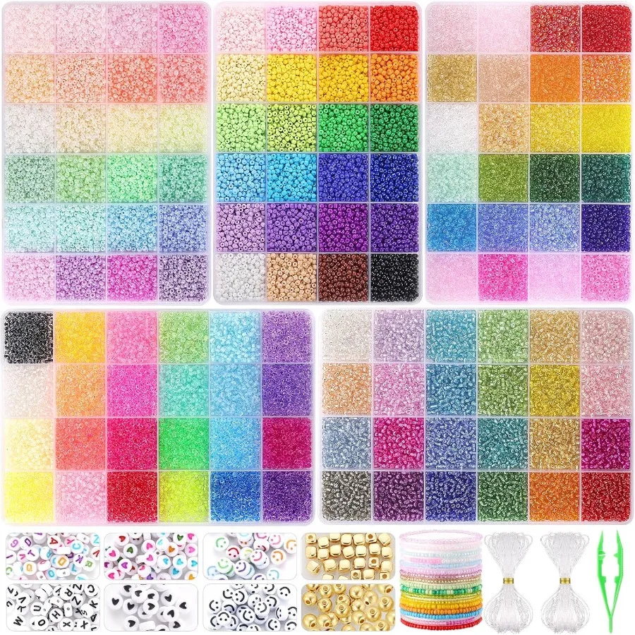 

34000pcs+ 3mm Seed Beads for Jewelry Making 5 Types 120 Colors Small Glass Beads for Bracelets Friendship Bracelet Kit with Alp