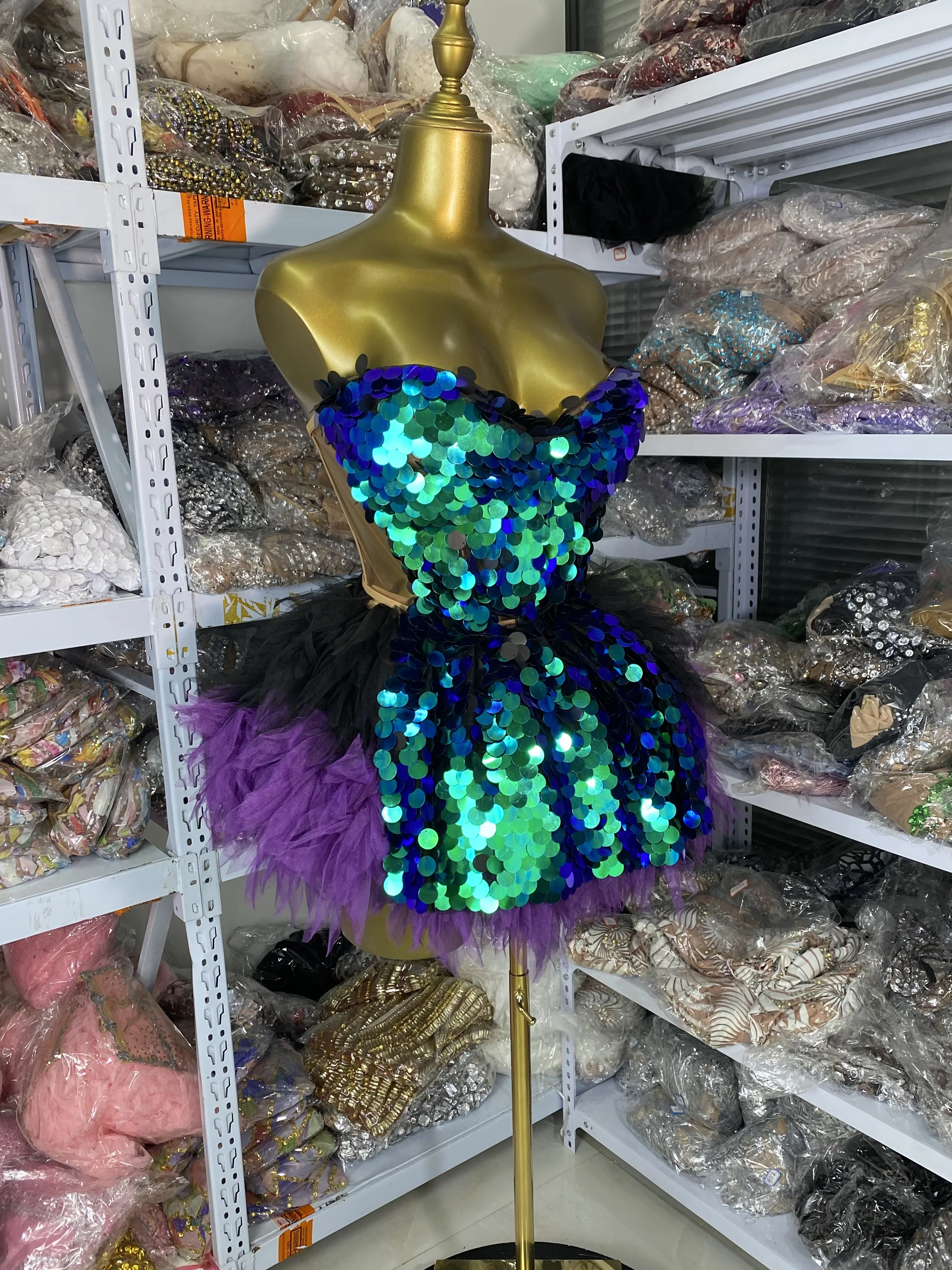 Women Evening Club Party Outfit Blingbling Sparkly SEequines Strapless Top And TUTU Mini Skirt Two Piece Sets Stage Costumes