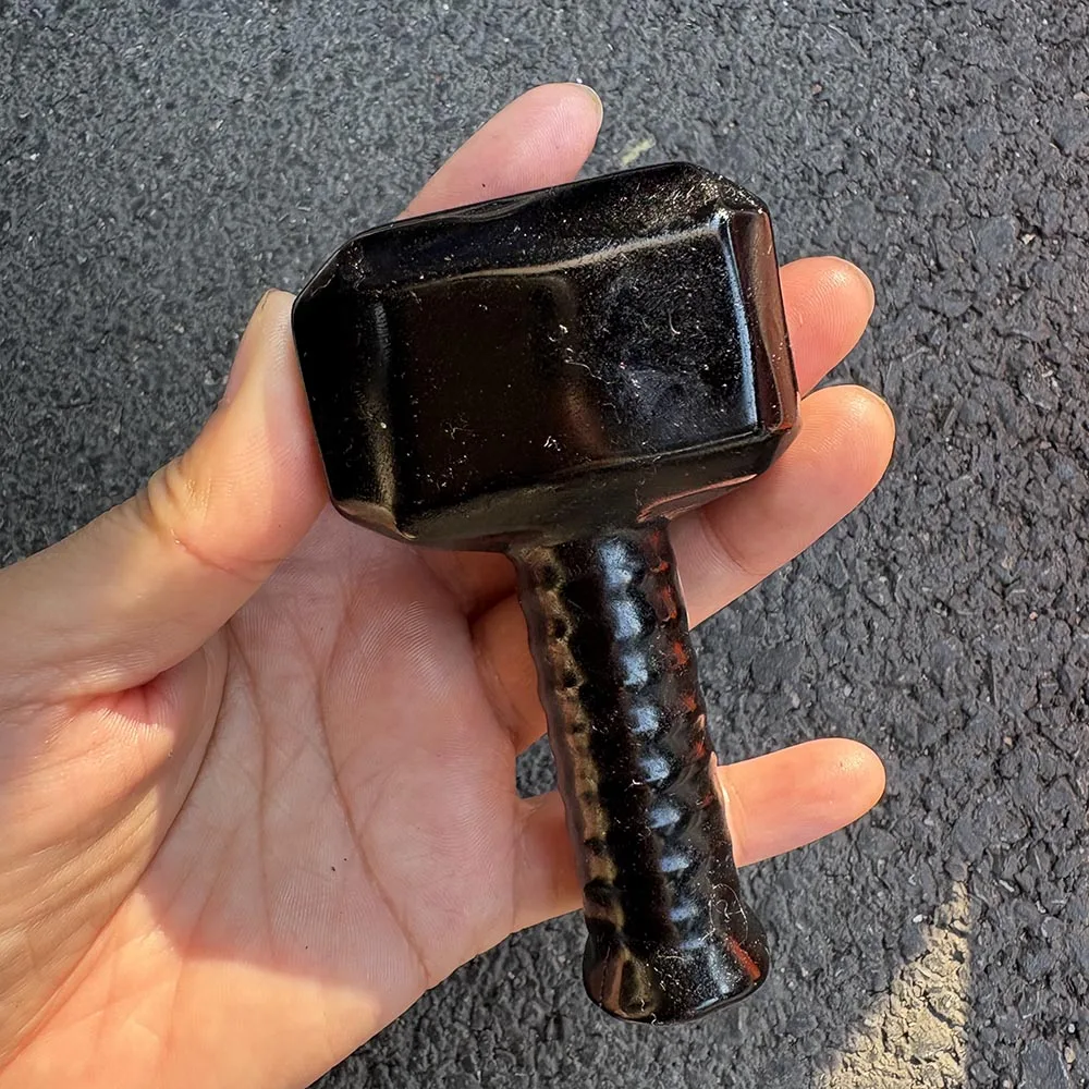 Custom-Natural Obsidian Hammer Figurine, Gemstone Mjolnir Sculpture Tabletop Decor for Energy Protection and Spiritual Strength