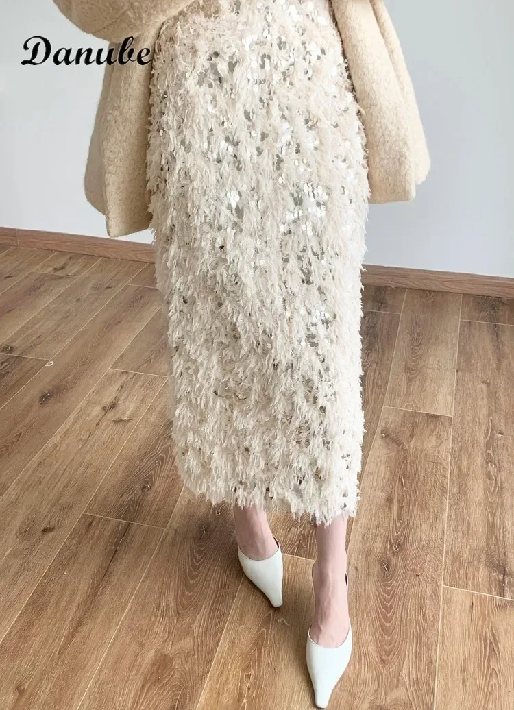 

Women's Sequins Skirt Elegant Korean Feather High Waisted Slit A-line Skirt Autumn Winter Warm Solid Loose Straight Skirts Falda