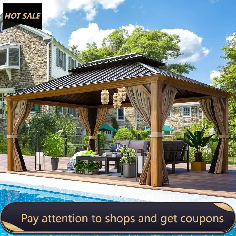 12' x 16' Gazebo, Wooden Finish Coated Aluminum Frame Canopy with Double Galvanized Steel Hardtop Roof,  Curtains and Nettings