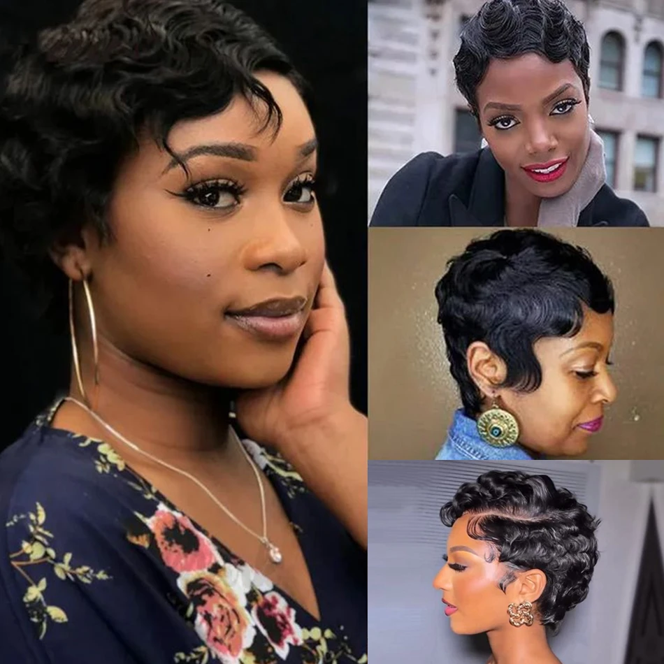 

Short Finger Wavy Wig Full Machine Made Wig for Women Short Pixie Cut Wigs Human Hair Wig For Women