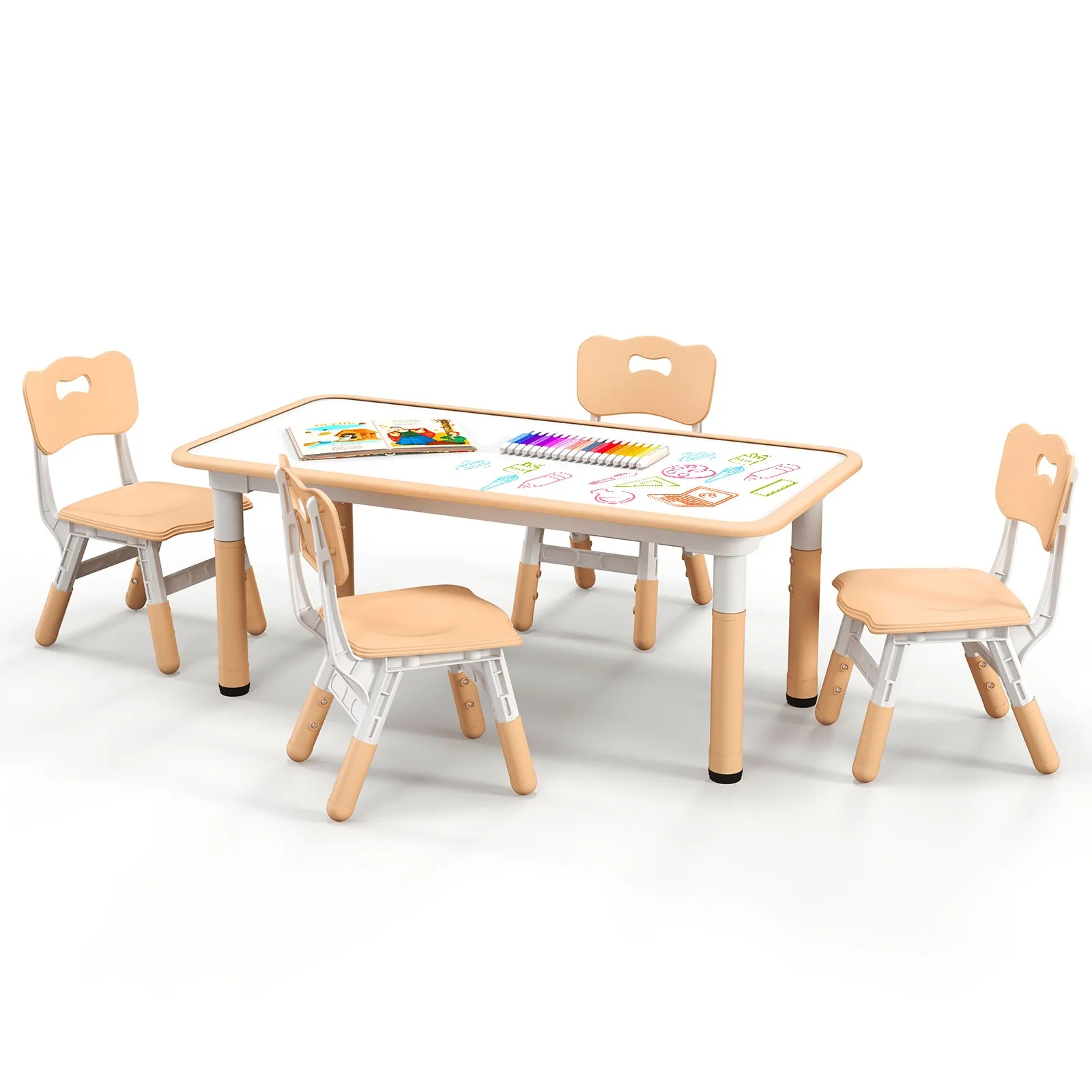 Kids Height Adjustable Table and 4 Chairs Set with Graffiti Desktop Natural