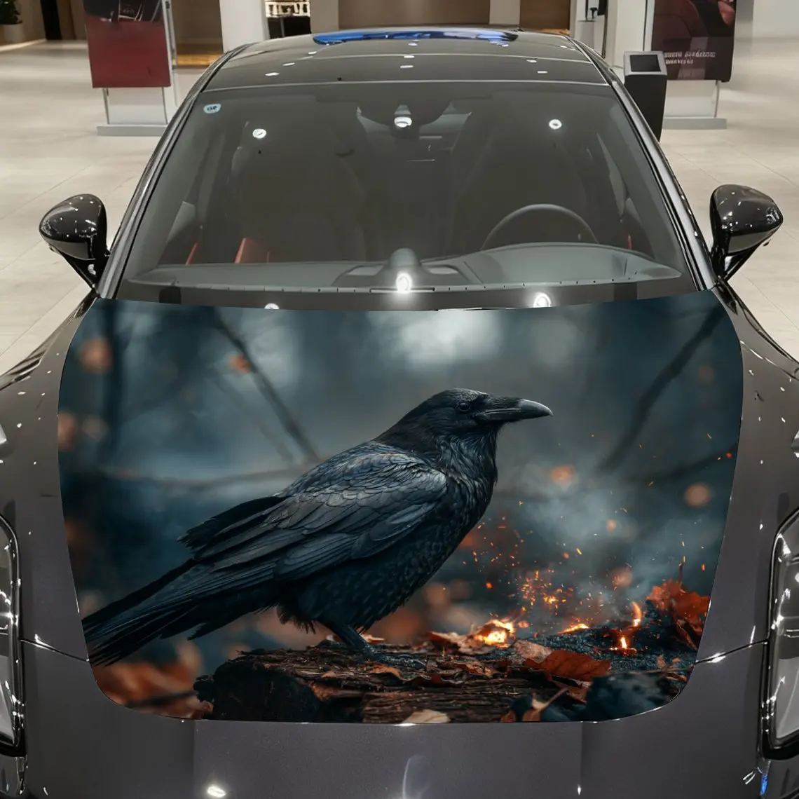 Flame Crow Car Hood Vinyl Wraps, PVC Waterproof Car Bonnet Decals, Self-Adhesive Scratch-Resistant Stickers For Engine Cover, Ca