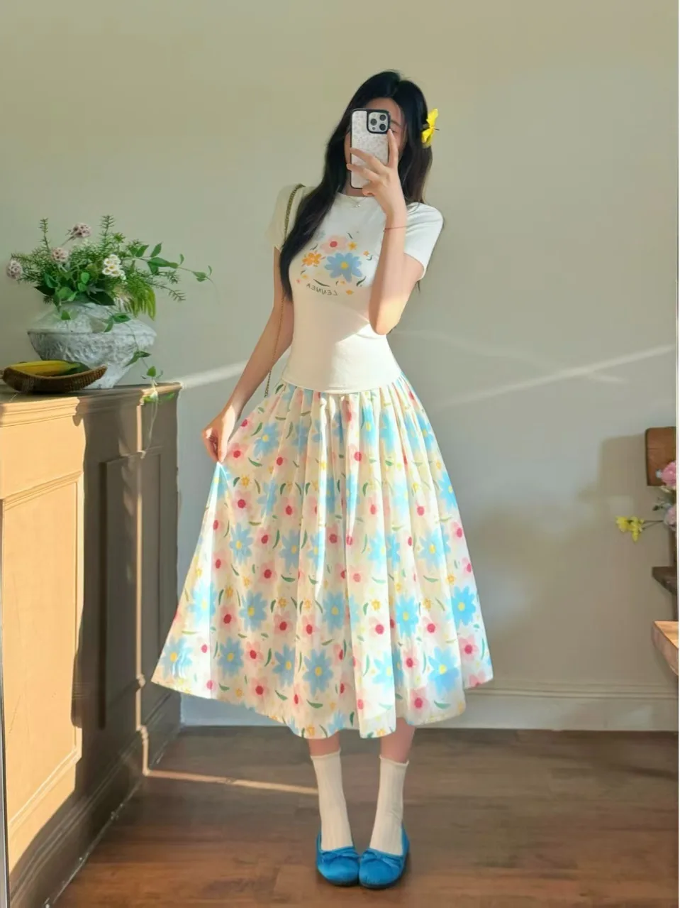 

plus Size Korean Style Casual Floral Print round Neck Short Sleeve Top And Pleated Skirt Fashionable Summer Outfit Set