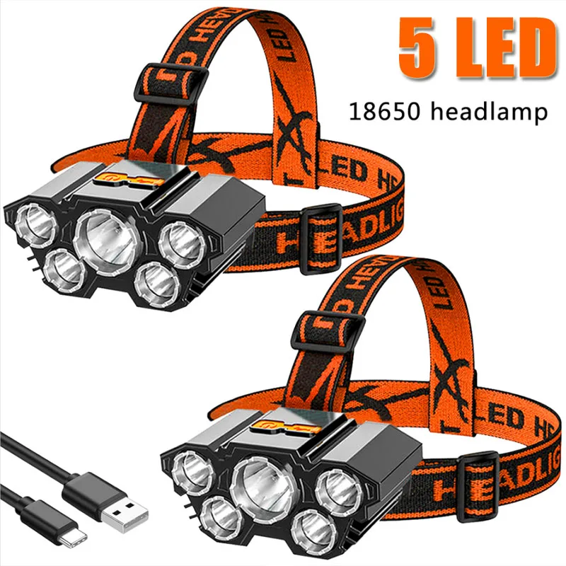 

5LED Strong Light Headlamp USB Rechargeable Fishing Head Flashlight Camping Cycling Head Mounted Mine Lamp Flashlight Headlight