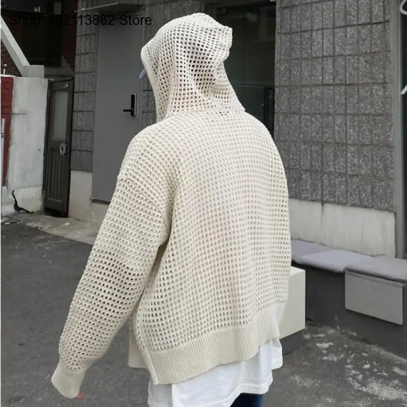 Men\'s Retro Knitted Mesh Coat Hooded Cardigan Long-Sleeved T-Shirt Women\'s Couple\'s Casual Summer Hip-Hop Street Dress