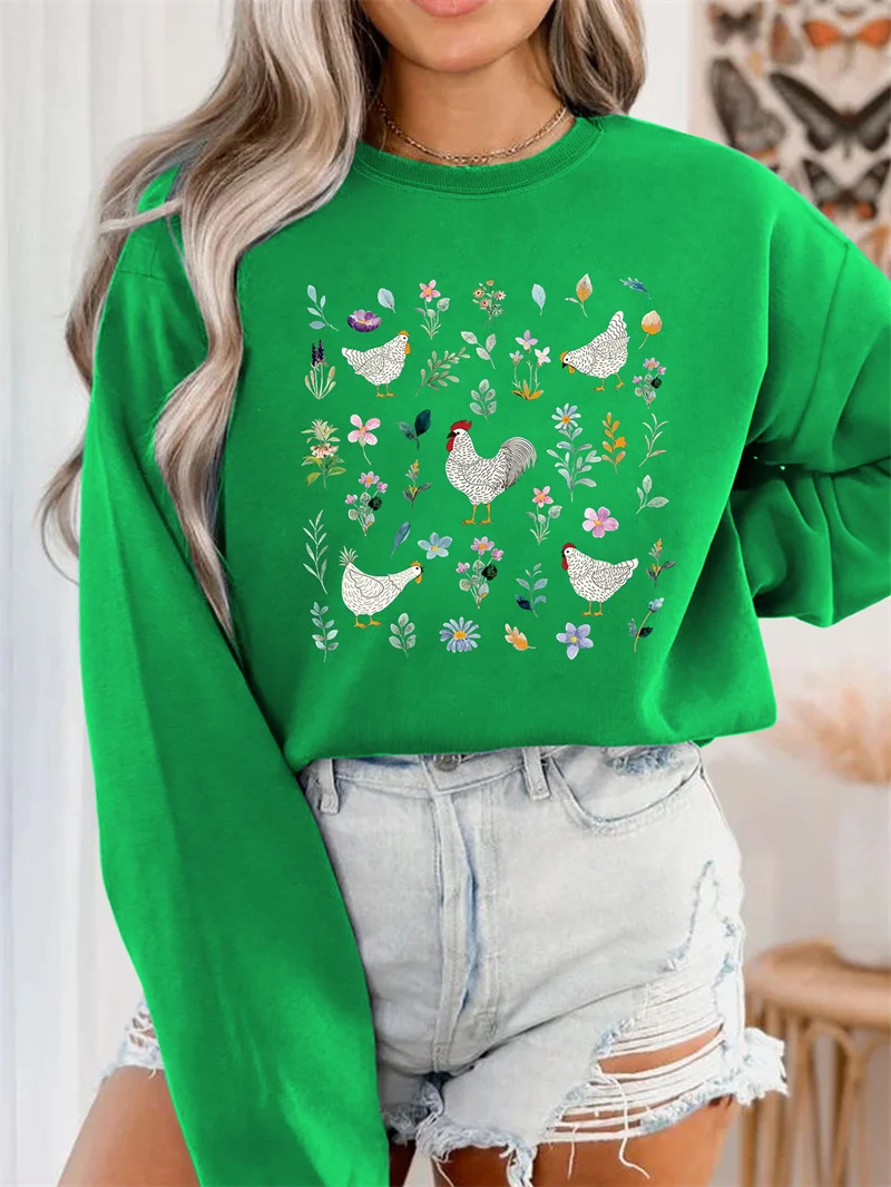 New autumn and winter fashion cotton women's chicken flower lavender farm cute retro round neck pullover casual sports hoodie