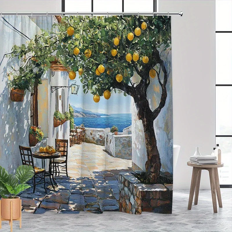 Waterproof Shower Curtain Featuring Mediterranean Street Scene with Lemon Tree and Ocean View for Elegant Bathroom Decor