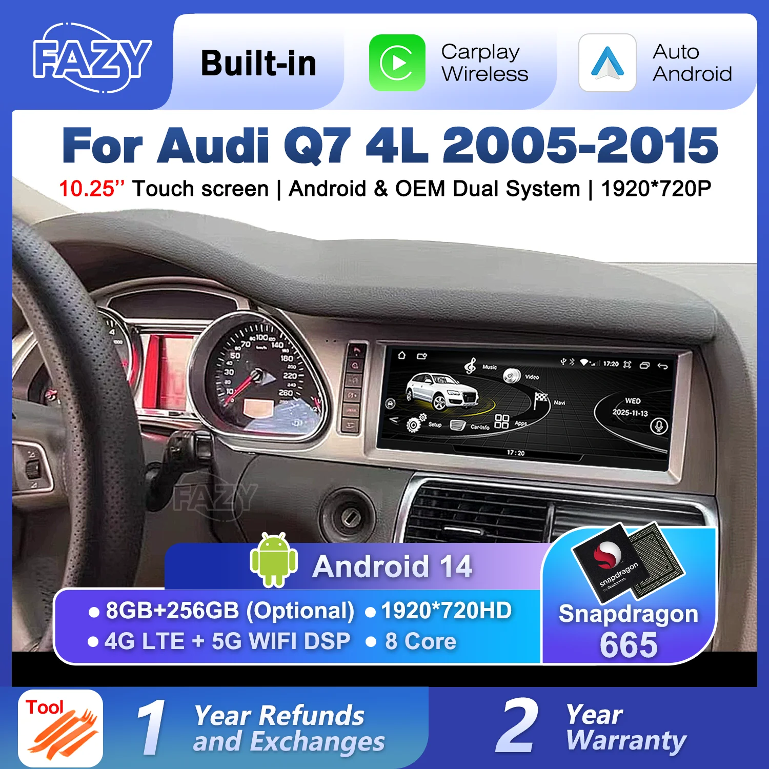 Pantalla Inalámbrica CarPlay Android 14 para Audi Q7 4L 2005-2015, Radio Estéreo para Auto, Reproductor Multimedia Android Auto, Navegación GPS, WIFI