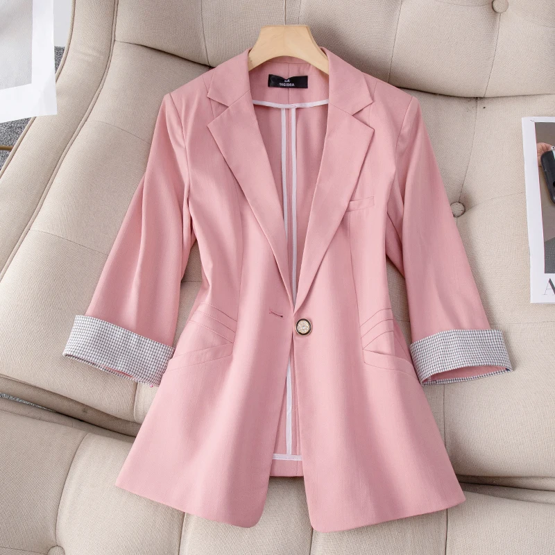 

Women Blazer 2023 New Three-quarter Sleeve Suit Jacket Female Summer Thin Short Slim All-match Office Ladies Blazers Outer S-4XL