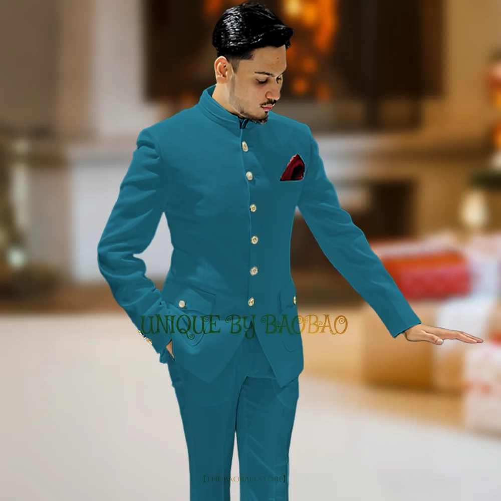 

African men's 2-piece suit (jacket+pants) Indian style gold button tuxedo Wedding Birthday Thanksgiving Xmas Ball Party Custom