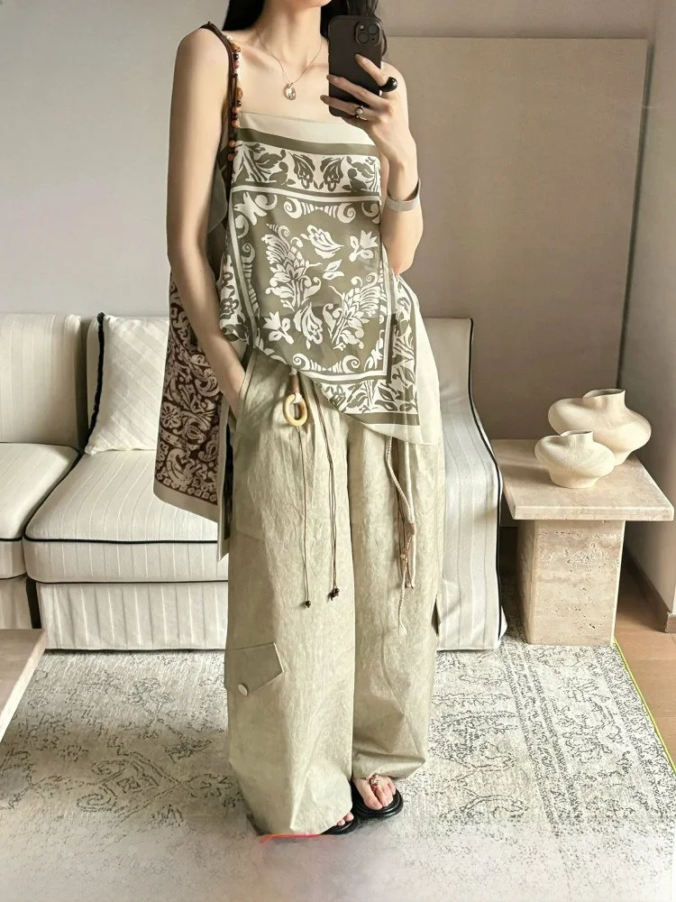 

Брюки широкого кроя Winni Celh, лето 2025, хлопковые, рабочие, свободные, повседневные, с эффектом тай-дай, с высокой талией, длинные, для женщин