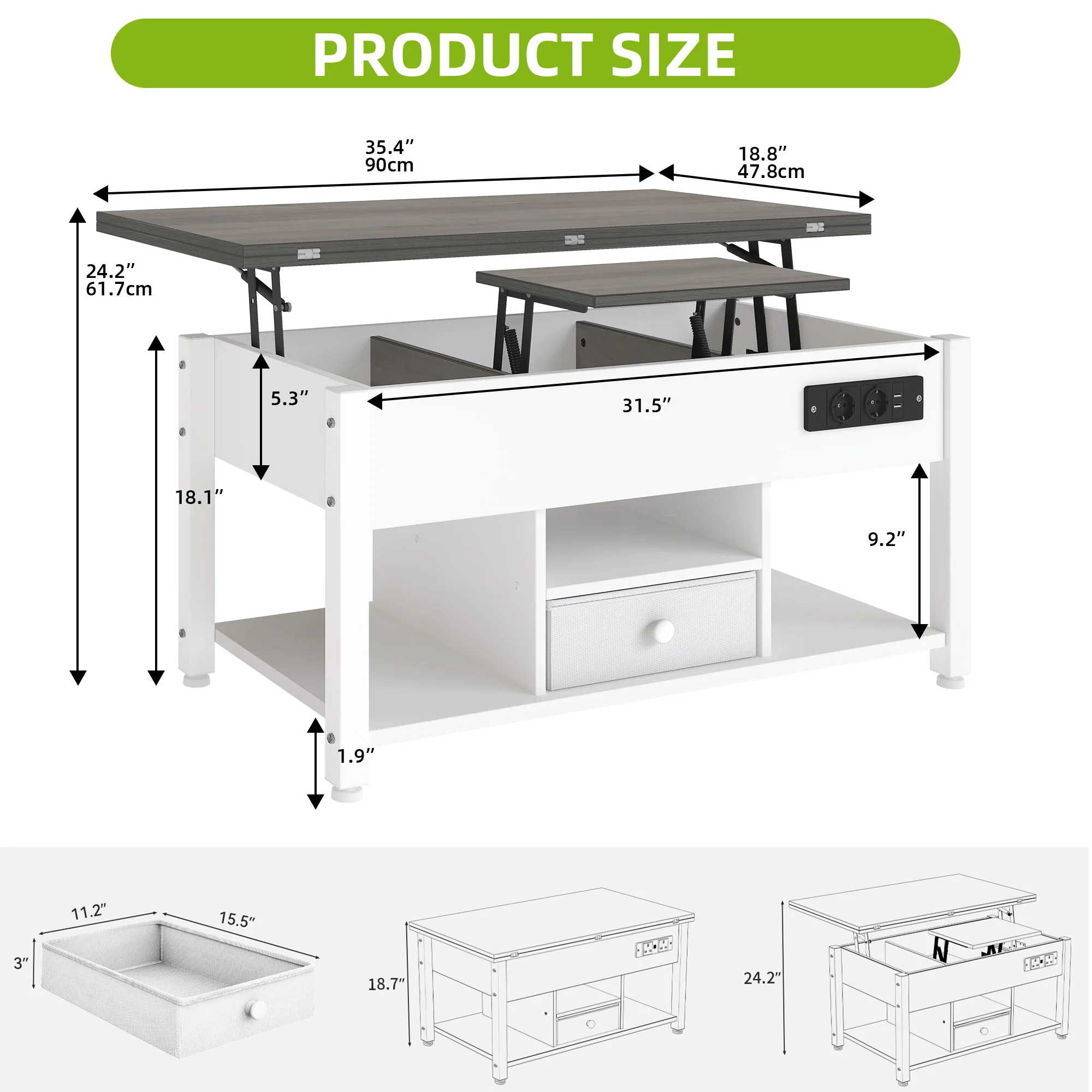 طاولة قهوة YITAHOME باللونين الأبيض والرمادي 4 في 1 - ارتفاع قابل للتعديل، تتحول إلى طاولة الطعام مع مساحة تخزين وإضاءة LED