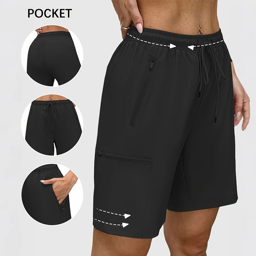 

Женские летние шорты-карго для походов, спорта, гольфа и тренировок, с 4 карманами на молнии, эластичным поясом и шнурком, повседневная одежда