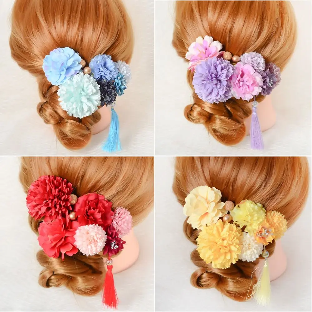 

Jewelry Japanese Style Flower Hair Forks Flower Cloth Japanese Kimono Hair Clips Vintage Handmade Tassels Hair Stick Girls