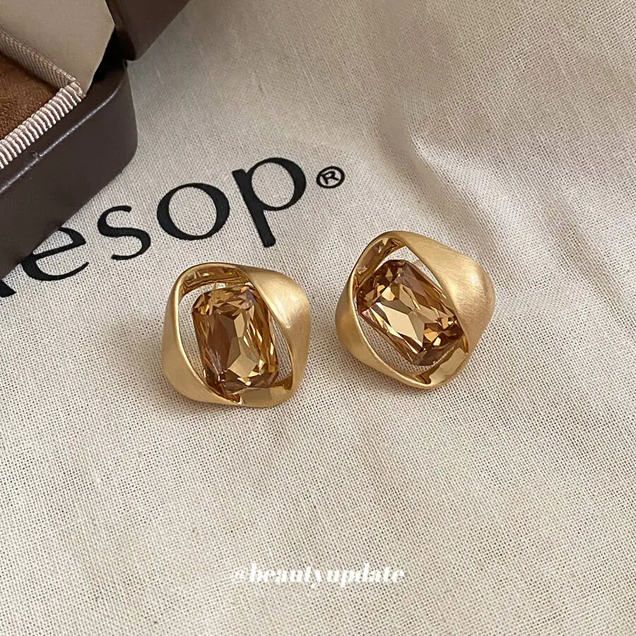 18K Real Gold Plated Brushed Finish Square Shaped Diamond Studded Earrings Unique Stylish Vintage Design Offering A Touch