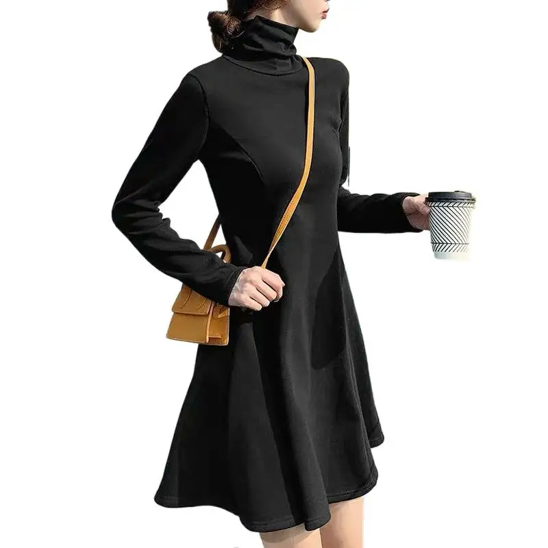 

2024 Autumn Winter Plush thickene Dress Turtleneck Full Sleeve knitting velvet Dresses Casual elegant Vestidos