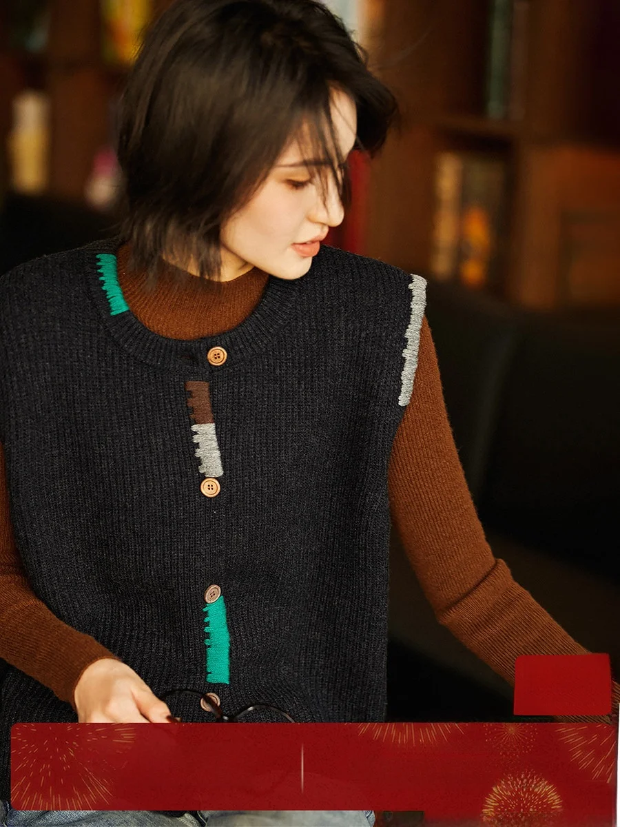 

Теплый винтажный вязаный шерстяной жилет-кардиган контрастных цветов с пуговицами, свободного кроя, для женщин, осень-зима