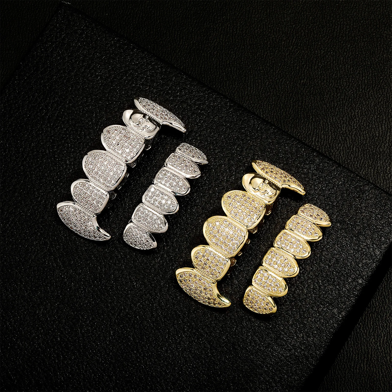 RACHELZ Hip Hop Skull Pattern Fangs Teeth Grillz Gold Plated Shiny Zircon Tooth Cap Decor Dental Grills For Men Women Jewelry